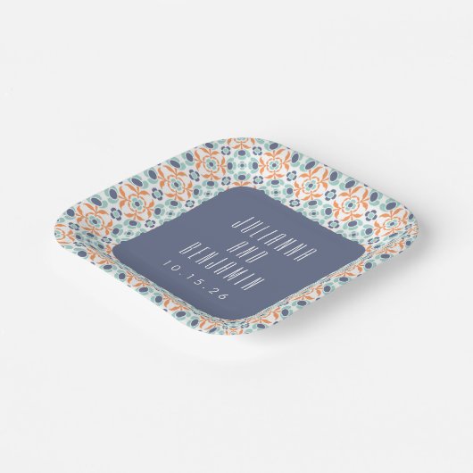  geometrische Tegels Motif Blue Wedding Custom Papieren Bordje (Gebogen)