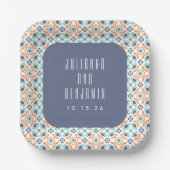  geometrische Tegels Motif Blue Wedding Custom Papieren Bordje (Voorkant)