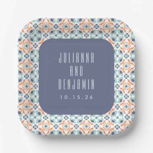  geometrische Tegels Motif Blue Wedding Custom Papieren Bordje (Voorkant)