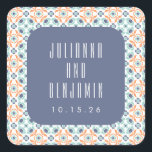 geometrische Tegels Motif Blue Wedding Custom Vierkante Sticker<br><div class="desc">Voeg een stijlvolle, persoonlijke touch toe aan uw speciale evenement met deze aangepaste stickers met een levendige bloemrand en moderne typografie op een zacht blauwe achtergrond. Ideaal voor bruiloften, verlovingsfeesten of jubilea, deze stickers zijn ideaal voor het verzegelen van enveloppen, het versieren van gunsten of het verbeteren van feestdecoratie. Pas...</div>