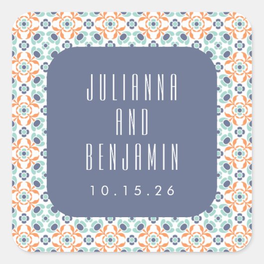 geometrische Tegels Motif Blue Wedding Custom Vierkante Sticker (Voorkant)