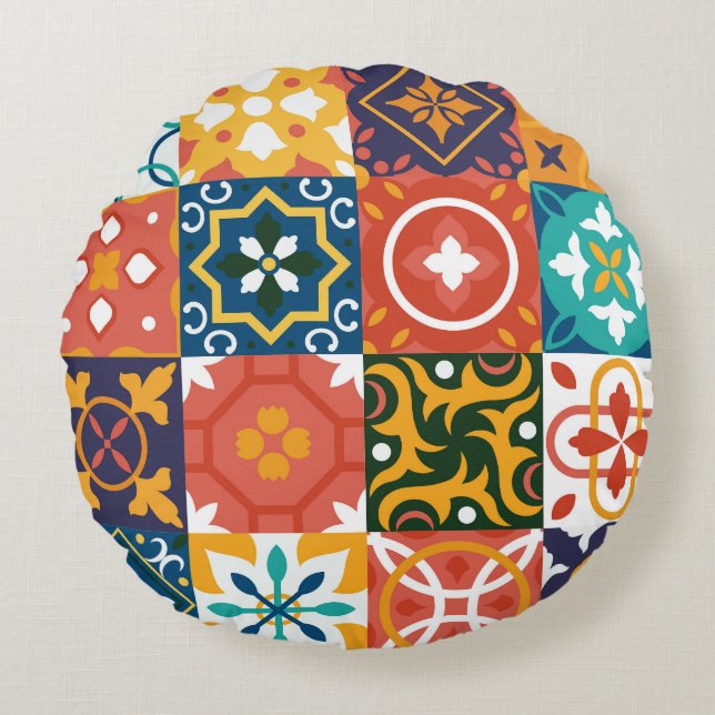 Geometrische  Tegels  Patroon Rond Kussen (Voorkant)