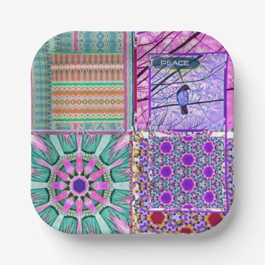 Geometrische Tegels van Azulejos met Vredesvogel Papieren Bordje (Voorkant)