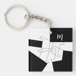 Geometrische Trendy Zwarte en Witte Monogram Initi Sleutelhanger