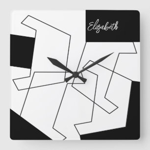 Geometrische Trendy Zwarte en Witte Monogram Initi Vierkante Klok