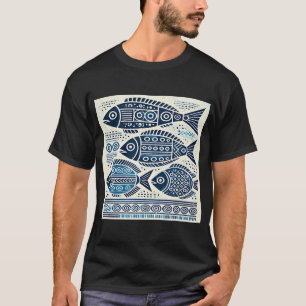 Geometrische tribale blauwe vis t-shirt