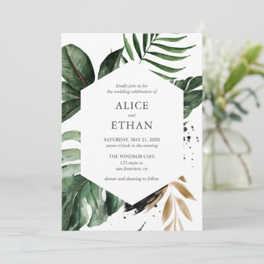 Geometrische tropische bruine bruiloft kaart (Staand voorkant)