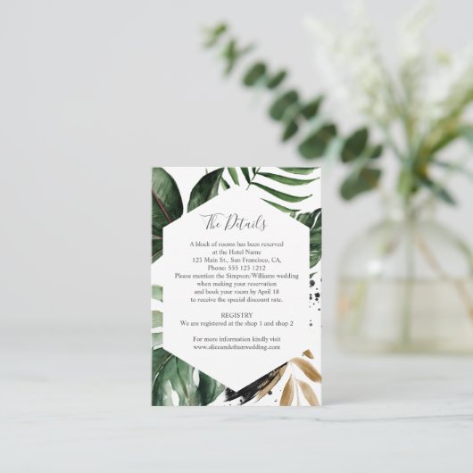 Geometrische tropische groen bruiloft details informatiekaartje (Staand voorkant)