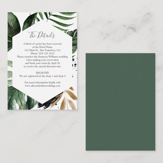 Geometrische tropische groen bruiloft details informatiekaartje (Voorkant / Achterkant)