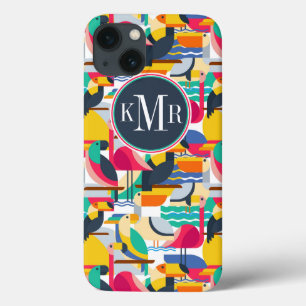 Geometrische tropische vogels Monogram iPhone 13 Hoesje