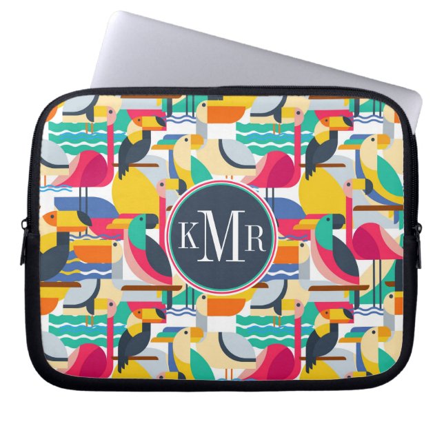 Geometrische tropische vogels | Monogram Laptop Sleeve (Voorkant)