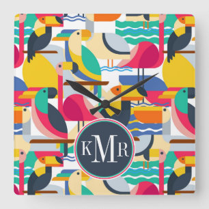 Geometrische tropische vogels Monogram Vierkante Klok