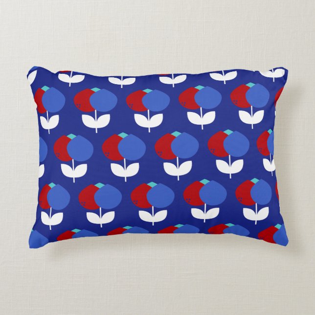 Geometrische tulpen rood en blauw accent kussen (Voorkant)