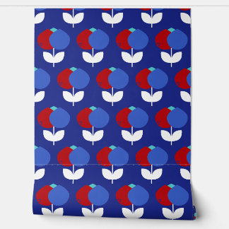 Geometrische tulpen rood en blauw behang