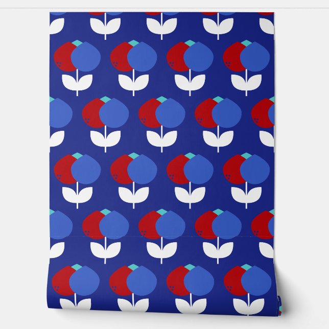 Geometrische tulpen rood en blauw behang (Afrollen)