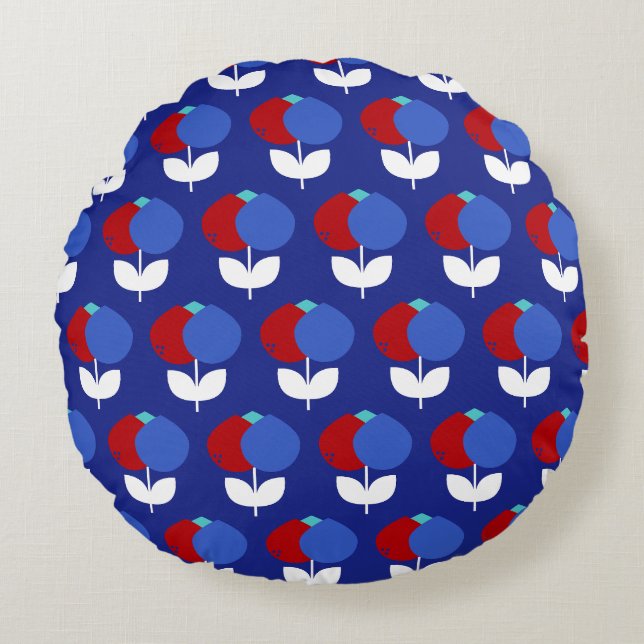 Geometrische tulpen rood en blauw rond kussen (Voorkant)