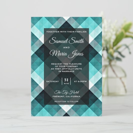 Geometrische turquoise Abstracte bruiloft uitnodig Kaart (Staand voorkant)