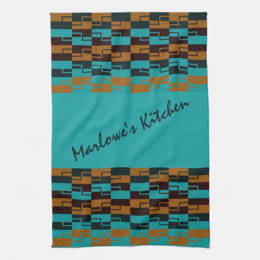 Geometrische Turquoise en bruin Theedoek (Verticaal)