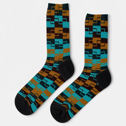 Geometrische turquoise en licht/donkere bruine zwa sokken (Links)