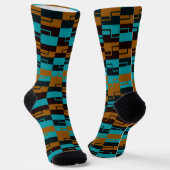 Geometrische turquoise en licht/donkere bruine zwa sokken (Gebogen)