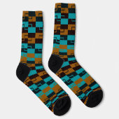 Geometrische turquoise en licht/donkere bruine zwa sokken (Rechts)