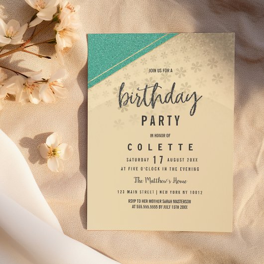 Geometrische turquoise goudbloem Birthday Party Kaart