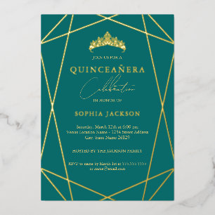 Geometrische Turquoise Gouden Elegante Quinceanera Folie Uitnodiging