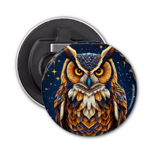 Geometrische uil met levendige kleuren button flesopener