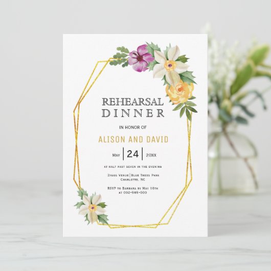 Geometrische veelhoek bloemenbruiloft repetitie di kaart (Staand voorkant)
