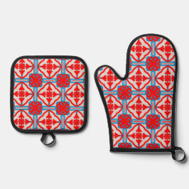 Geometrische Vier Rode Bladeren Ovenwant & Pannenlap Set
