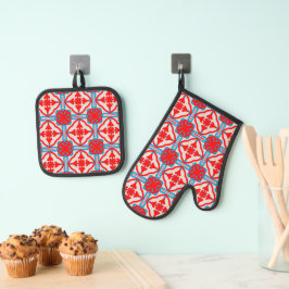 Geometrische Vier Rode Bladeren Ovenwant & Pannenlap Set