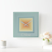  geometrische vierkanten (lichtblauw en geel) vierkante klok (Huis)