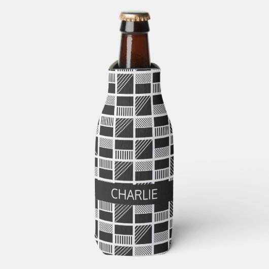 Geometrische vierkantjes aangepaste naam flesje en flesjeskoeler (Fles Voorkant)