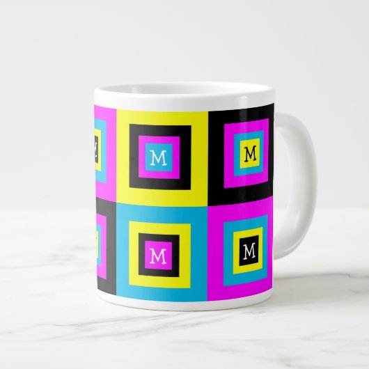 Geometrische vierkantsmonogram CMYK Grote Koffiekop (Voorkant rechts)