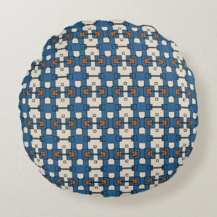 Geometrische vormen blauw oranje crème rond kussen