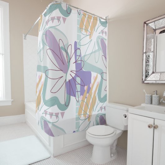 Geometrische vormen en bloemen op wit. douchegordijn (In situ)