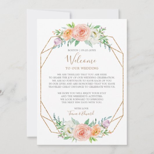 Geometrische Waterverf Bloem Bruiloft Welkom Brief Kaart (Voorkant)