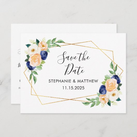 Geometrische Waterverf bloemenbruiloft Bewaar de d Aankondigingskaart (Voorkant / Achterkant)