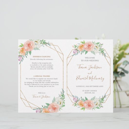 Geometrische Waterverf Flower Folded Wedding Progr (Staand voorkant)