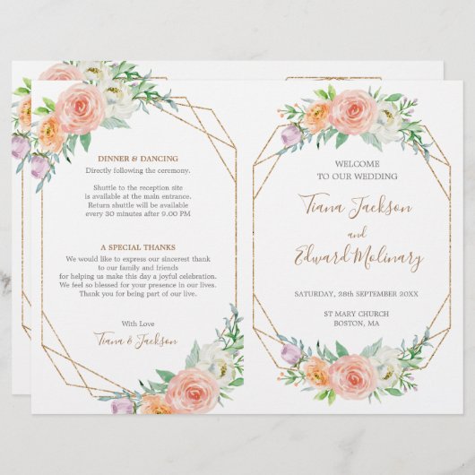 Geometrische Waterverf Flower Folded Wedding Progr (Voorkant / Achterkant)