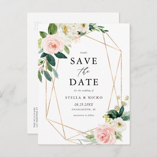 Geometrische Waterverf Lente-bloemen sparen de dat Aankondigingskaart (Voorkant / Achterkant)