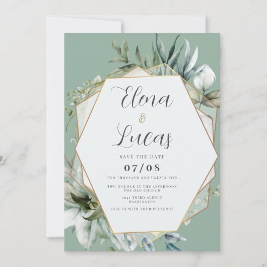 Geometrische waterverf mint gouden loof bruiloft kaart (Voorkant)