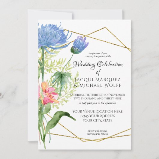 Geometrische Waterverf Modern Floral Blue Wedding Kaart (Voorkant)