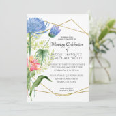 Geometrische Waterverf Modern Floral Blue Wedding Kaart (Staand voorkant)