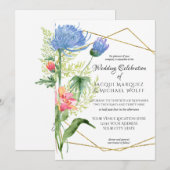 Geometrische Waterverf Modern Floral Blue Wedding Kaart (Voorkant / Achterkant)