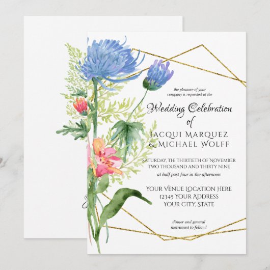 Geometrische Waterverf Modern Floral Blue Wedding Kaart (Voorkant / Achterkant)