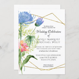 Geometrische Waterverf Modern Floral Blue Wedding Kaart