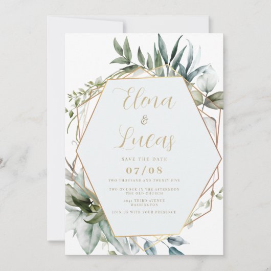 Geometrische waterverf munt gouden bladeren bruilo kaart (Voorkant)