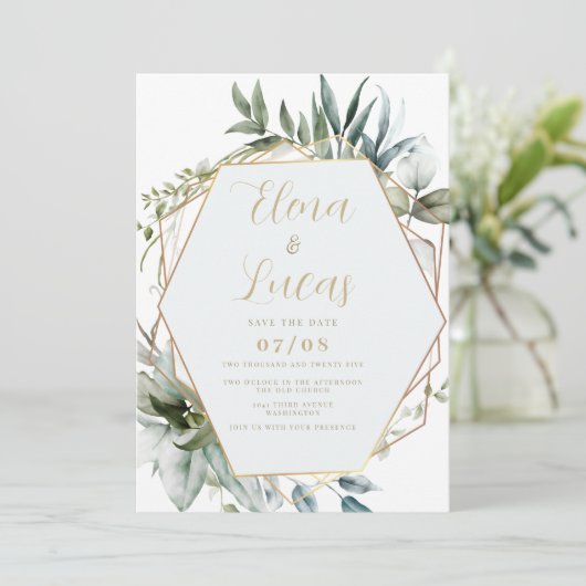 Geometrische waterverf munt gouden bladeren bruilo kaart (Staand voorkant)