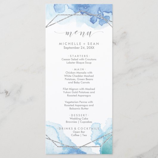 Geometrische Waterverf | Silver Dinner Menu Kaart (Voorkant)